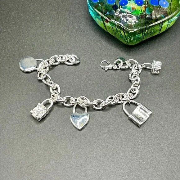 Sterling Silver 925 Chain bracelet with Lock Charms #1226 - Picture 7 of 10